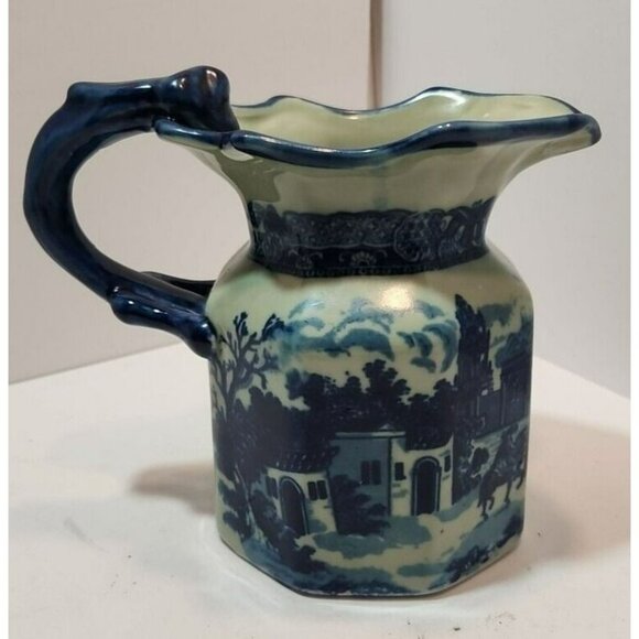Vtg Victoria Ware Octagonal 1920's  Ironstone Blue Pitcher 7" Tall by 8" Wide - Picture 5 of 13
